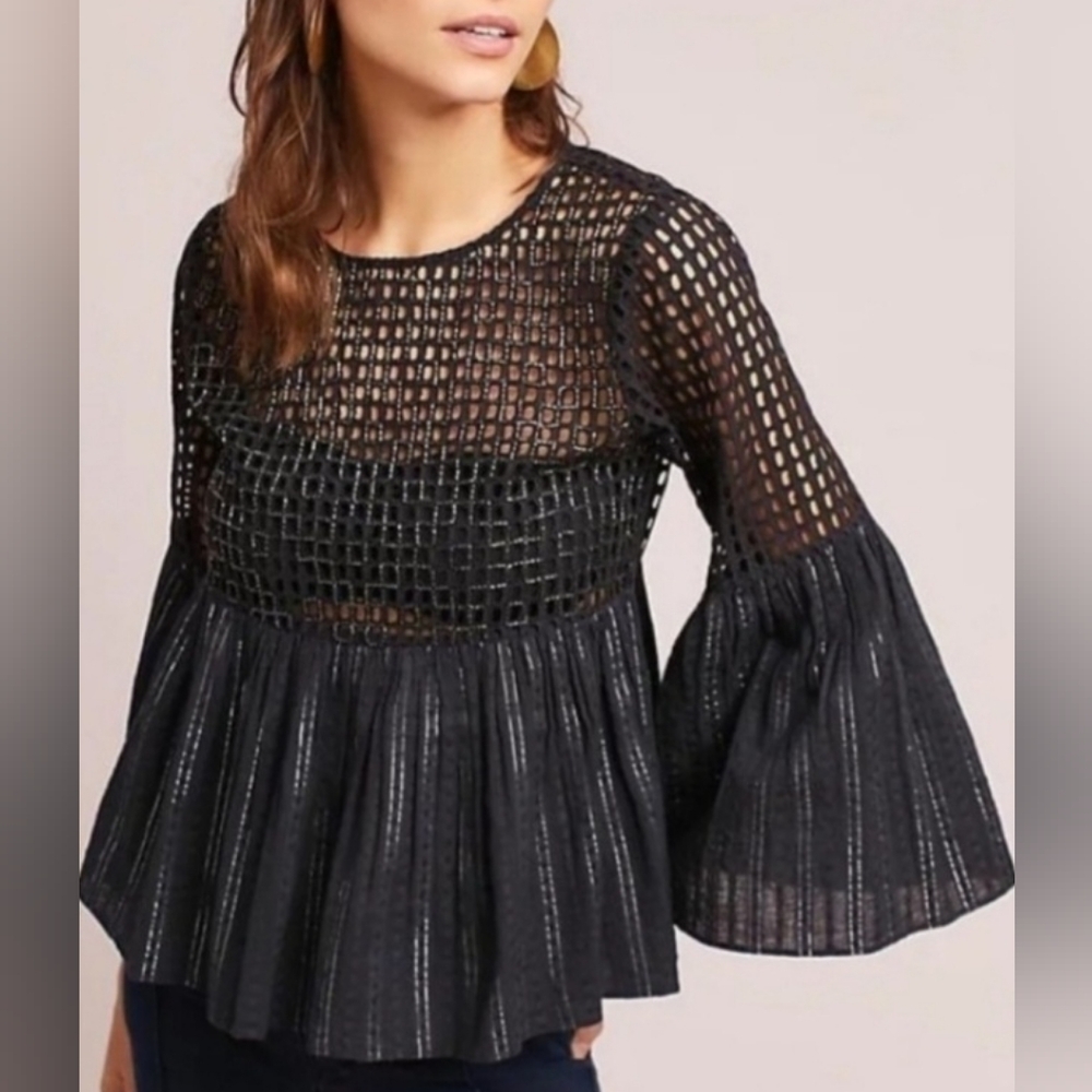 Anthropologie Maeve Alameda Beaded Black Peplum Bell Sleeve Top 6 Whimsigoth